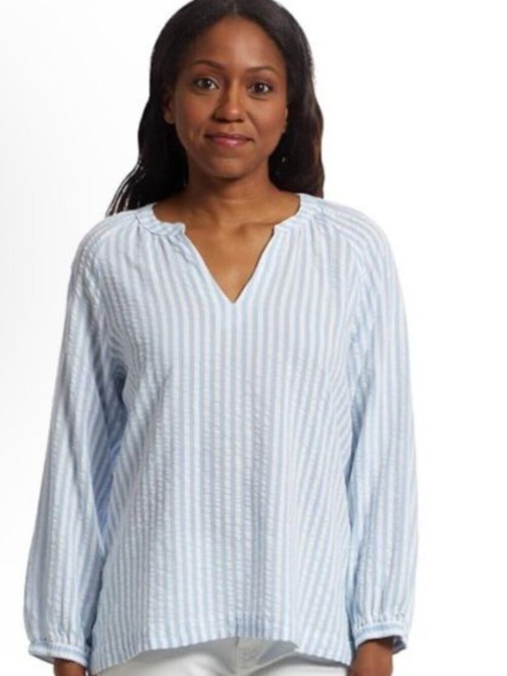LL Bean Seacoast Seersucker Blouse Womens Sz S Blue Splitneck Cottagecore Beach